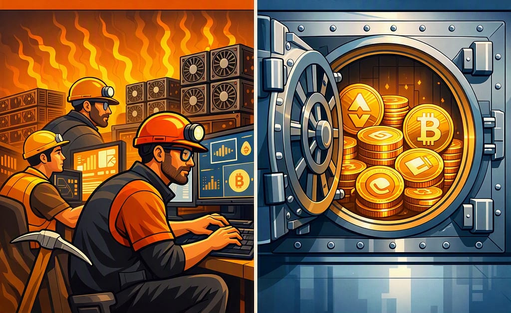 "A split illustration comparing Proof-of-Work and Proof-of-Stake: on the left, Bitcoin miners in hard hats working at computers surrounded by overheating mining rigs and heat waves; on the right, stacked gold cryptocurrency coins including Bitcoin securely locked inside a steel vault, representing staked digital assets."