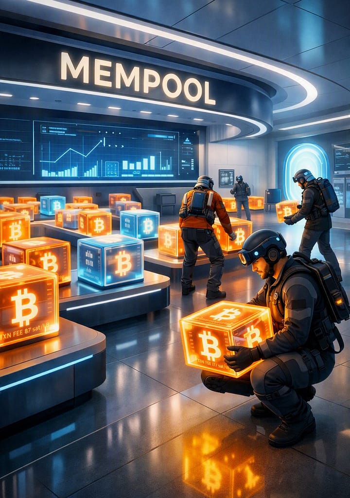 "A futuristic digital illustration of the Bitcoin mempool: a waiting area filled with glowing orange and blue transaction packets labeled with the Bitcoin symbol, where miners in tactical gear are selecting and bundling transactions into blocks."